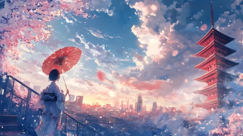 Kimono figure surveying hybrid skyline beneath sakura clouds.