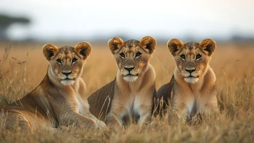 Three female lions rest in savanna grassland under clear sky