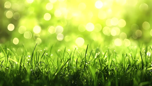Photorealistic macro lawn with luminous spring bokeh field.