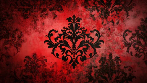 Black damask motif centered on distressed red background