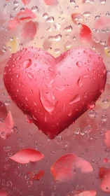 Heart Shaped Form Submerged in Water Droplets and Pink Petals