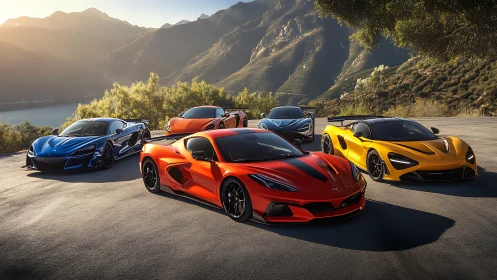 Mid-engine supercar lineup under golden mountain daylight