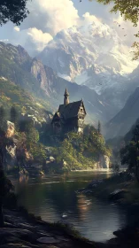 House stands above river in steep forested mountain valley