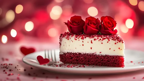 Red Velvet Layered Cake with Rose Toppers and Bokeh Backdrop.