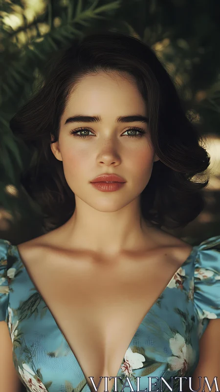 Garden-bathed portrait of serene muse in blue blossom dress.