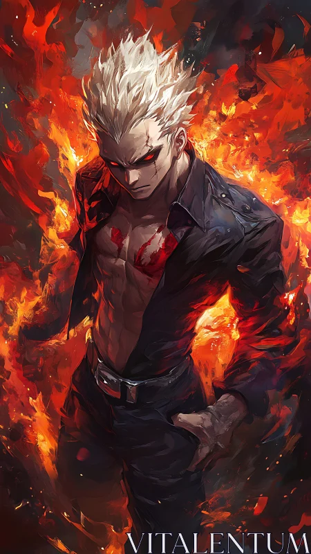 White-haired male figure stands before dense stylized flames