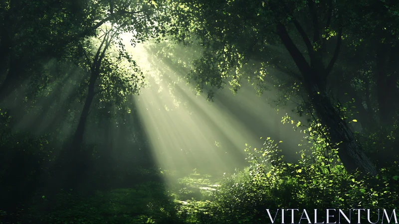 Photoreal forest glade with volumetric sunbeams and contrast lighting.