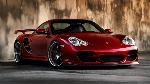 Red Porsche sports car with widebody kit under warm light.