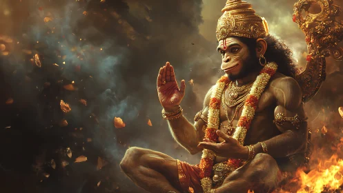 Divine simian deity seated in golden firelit throne.