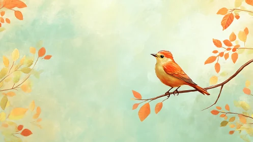 Autumn Songbird on Branch with Fall Foliage.