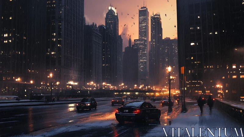 Rainy city street shows cars and pedestrians at dusk
