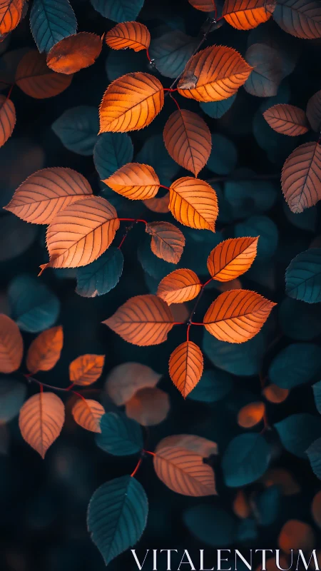 Orange and teal backlit leaves form dense overlapping pattern