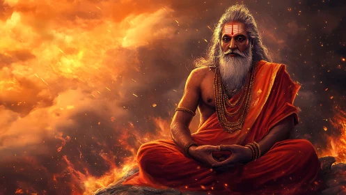 Firelit sage meditates within blazing celestial inferno