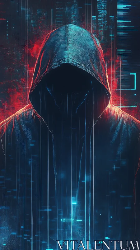 Hooded cyber figure in glitch-encoded neon matrix lighting
