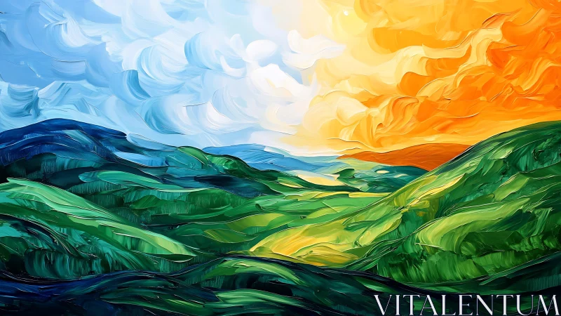 Vivid abstract hills under divided sky at sunrise.