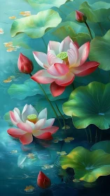 Lotus blossoms glow over tranquil teal pond with broad leaves