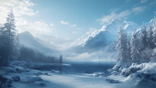 Snow covered mountain lake landscape under clear sky.