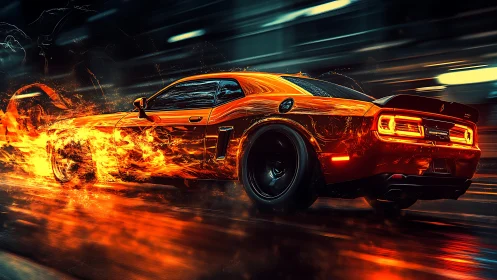 High-speed muscle car engulfed in stylized infernal motion flames