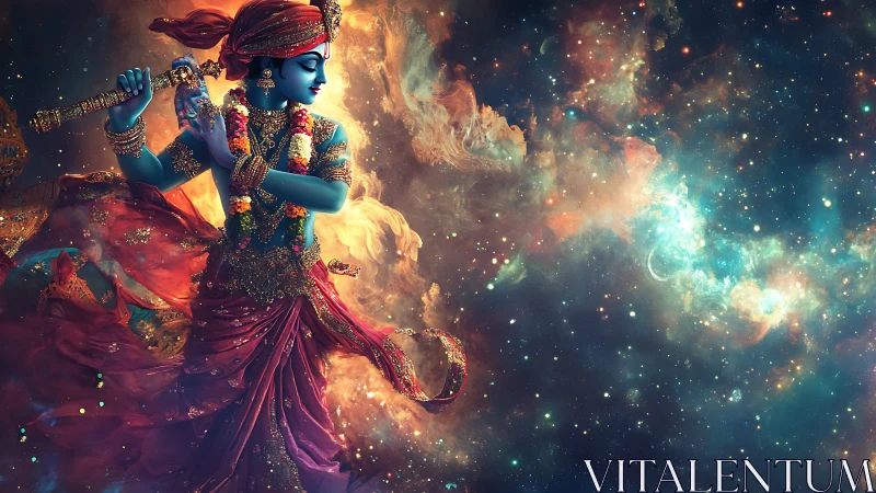 Celestial blue deity playing flute amid cosmic nebulae.