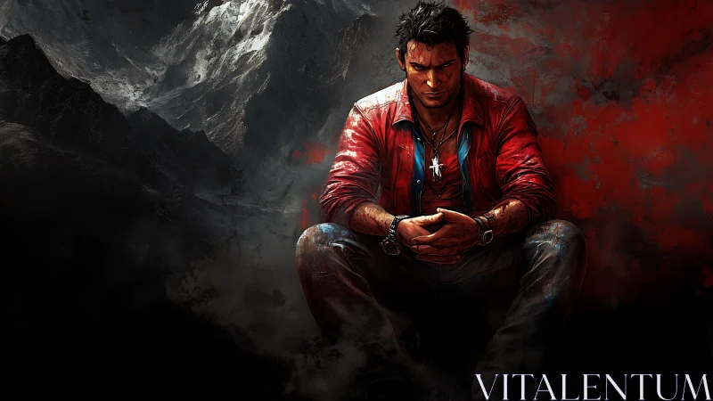 Man in red jacket sits against dark red and black backdrop