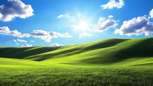 Radiant solar backlit grassland with undulating contour fields.