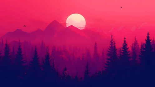 Crimson dusk forest bathing beneath a neon moonrise.