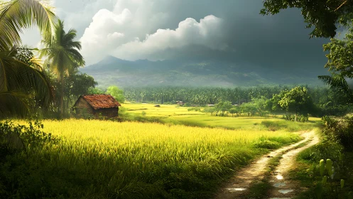 Rural rice fields with hut, dirt road and distant hills.