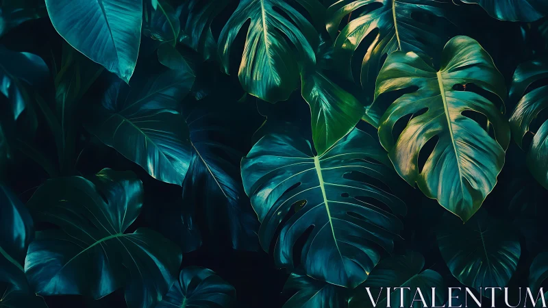 Monstera foliage close-up under low, directional lighting.