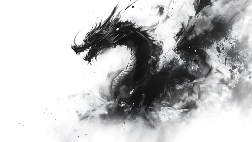 Monochrome dragon rendered in ink-like abstract motion.