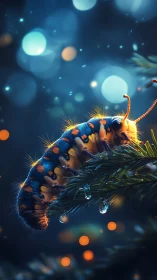 Nocturnal macro study of iridescent caterpillar on wet fir