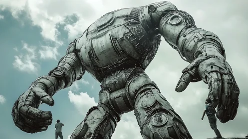 Colossal weathered robot looms over tiny human figures.