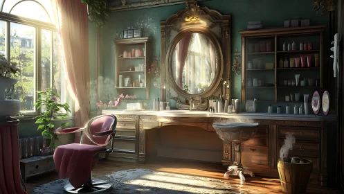 Vintage sunlit beauty salon interior with ornate vanity.