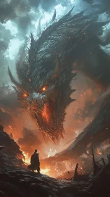 Armored infernal dragon confronting lone cloaked warrior