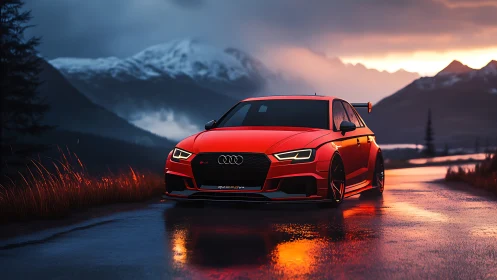 Red sports sedan is parked on a wet mountain road at dusk
