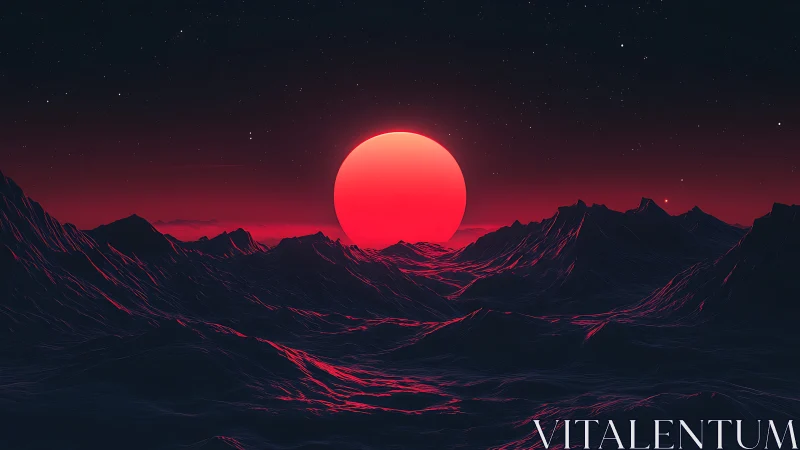 Neon horizon sphere over polygonal dark mountain ranges.