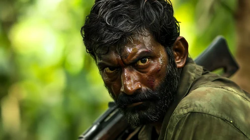 Battle hardened gaze in humid jungle light and shadow.