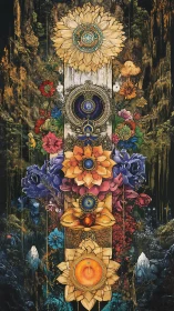 Layered celestial mandalas blooming in jeweled florals.