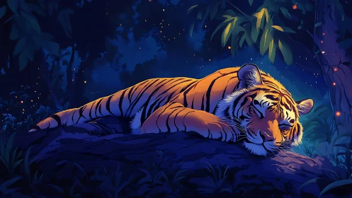 Moonlit tiger drifts into glowing jungle ember dreams