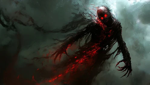 Digital painting of a red-eyed void specter in stormed chiaroscuro.