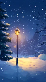 Snow-covered park pathway is illuminated by lamppost light