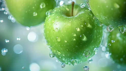 Green apples with water droplets in fresh close-up view.