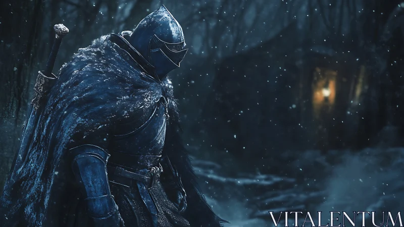 Armored knight advances through a nocturnal snowstorm forest