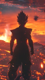 Warrior silhouette faces burning horizon under molten sky.