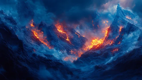 Volcanic Mountain Range with Molten Lava Flows at Dusk.