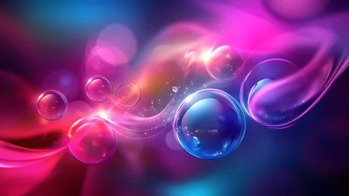Glowing neon bubbles drift through flowing cosmic light