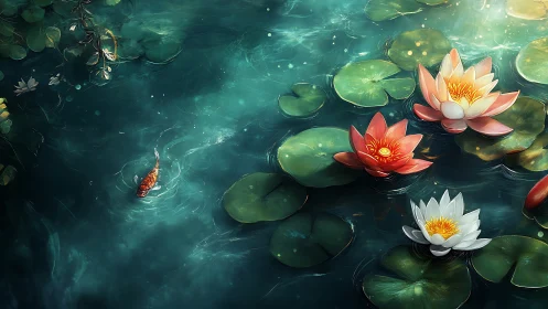 Koi carves quiet ripples beneath lantern-bright waterlilies