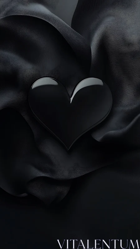 Black Heart Nestled Within Layered Textile Folds and Soft Shadows