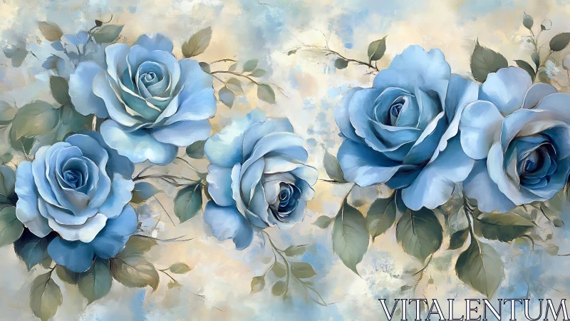 Soft blue rose bouquet artwork on textured pastel backdrop.