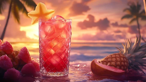 Tropical Cocktail at Sunset with Starfruit Garnish