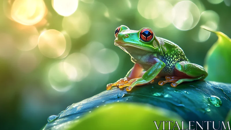 Vivid tree frog resting on dewy leaf with soft bokeh glow.